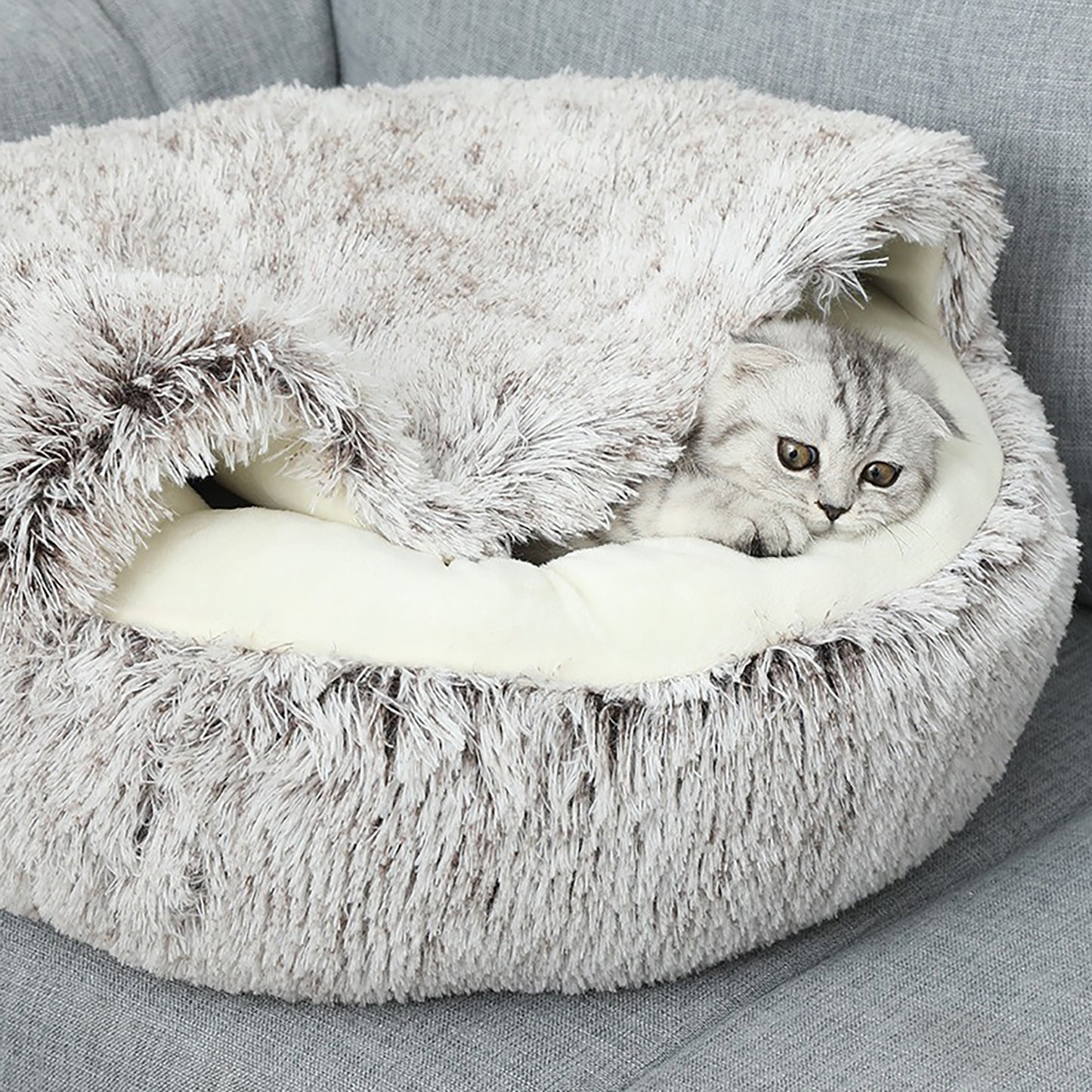 Luxury Plush Round Cat Bed – Hooded Donut Cave for Cats & Small Dogs