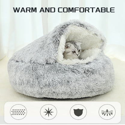Luxury Plush Round Cat Bed – Hooded Donut Cave for Cats & Small Dogs